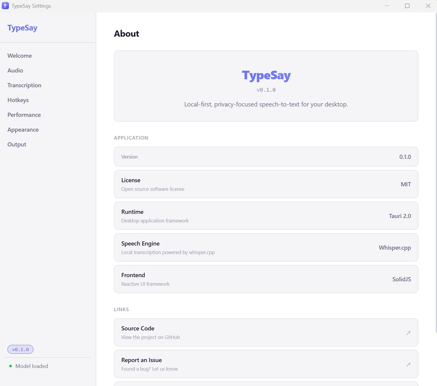 TypeSay About screen showing Tauri 2.0, Whisper.cpp, and SolidJS tech stack