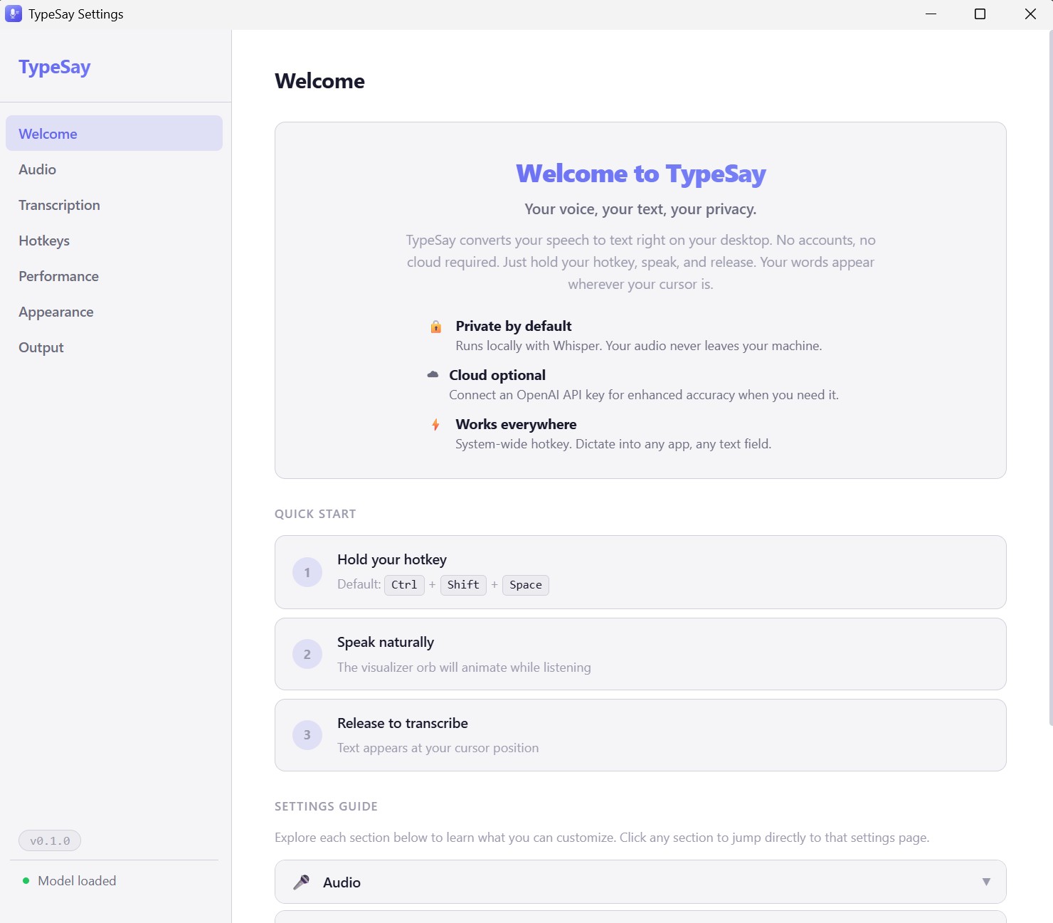 TypeSay Welcome Screen showing privacy-first onboarding